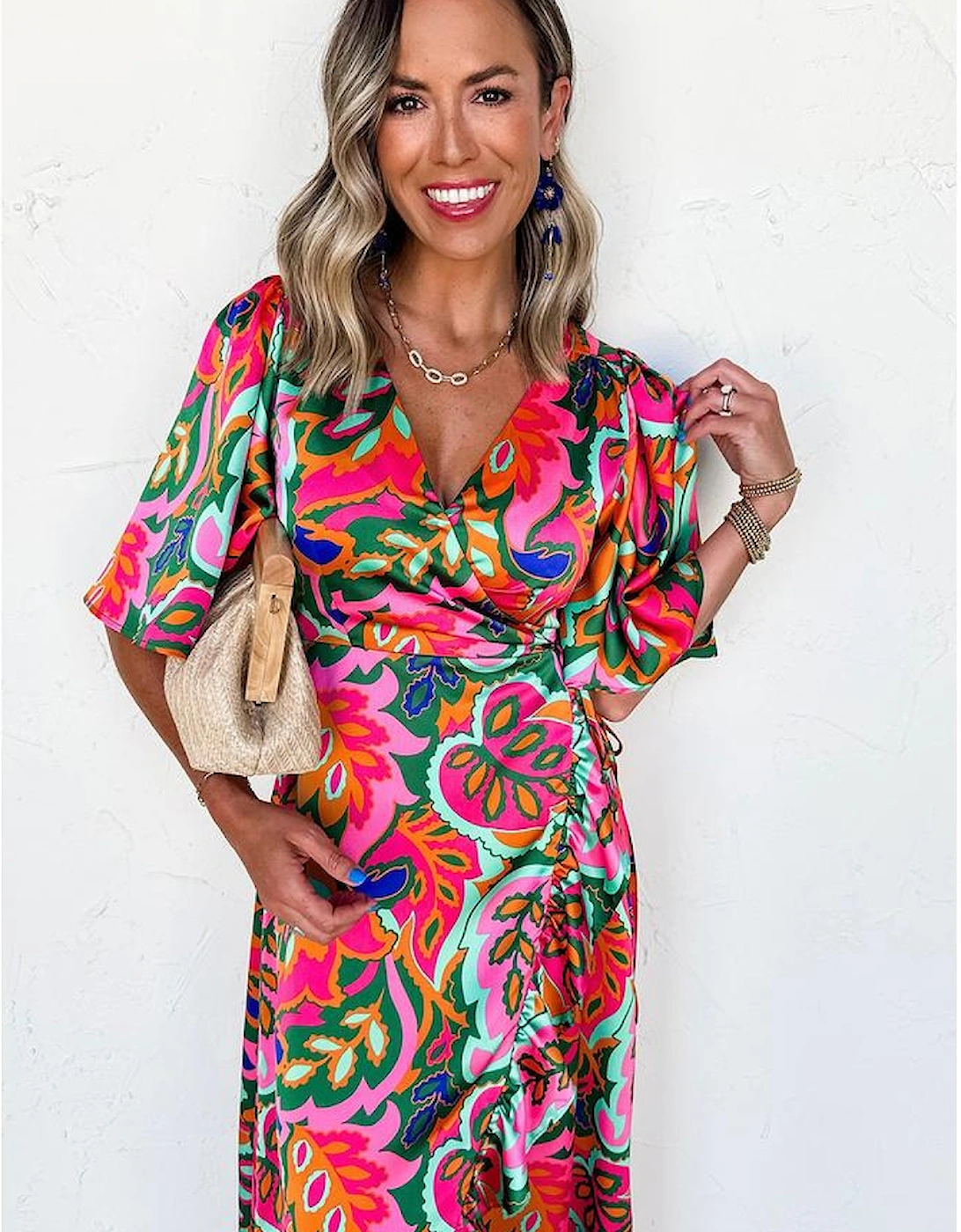 Rose Summer Plant Print Surpliced V Neck Ruffled Asymmetric Slit Wide Short Sleeve Maxi Dress