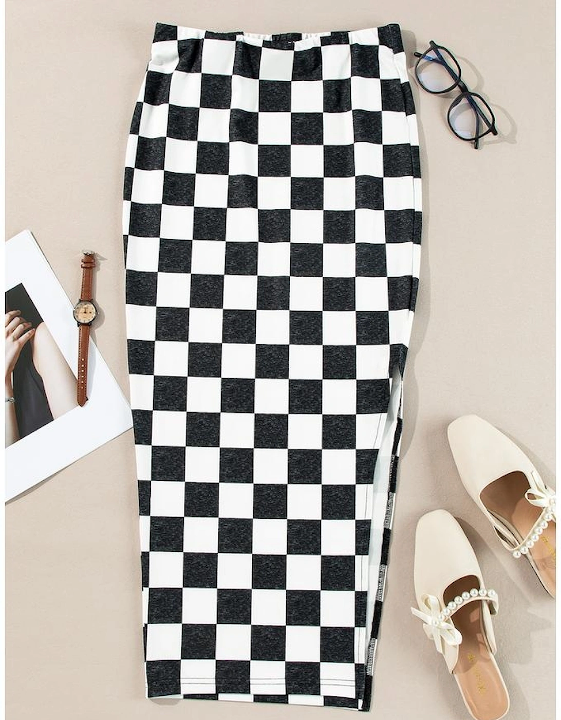 White Checkered Print Side Slit High Waist Midi Skirt