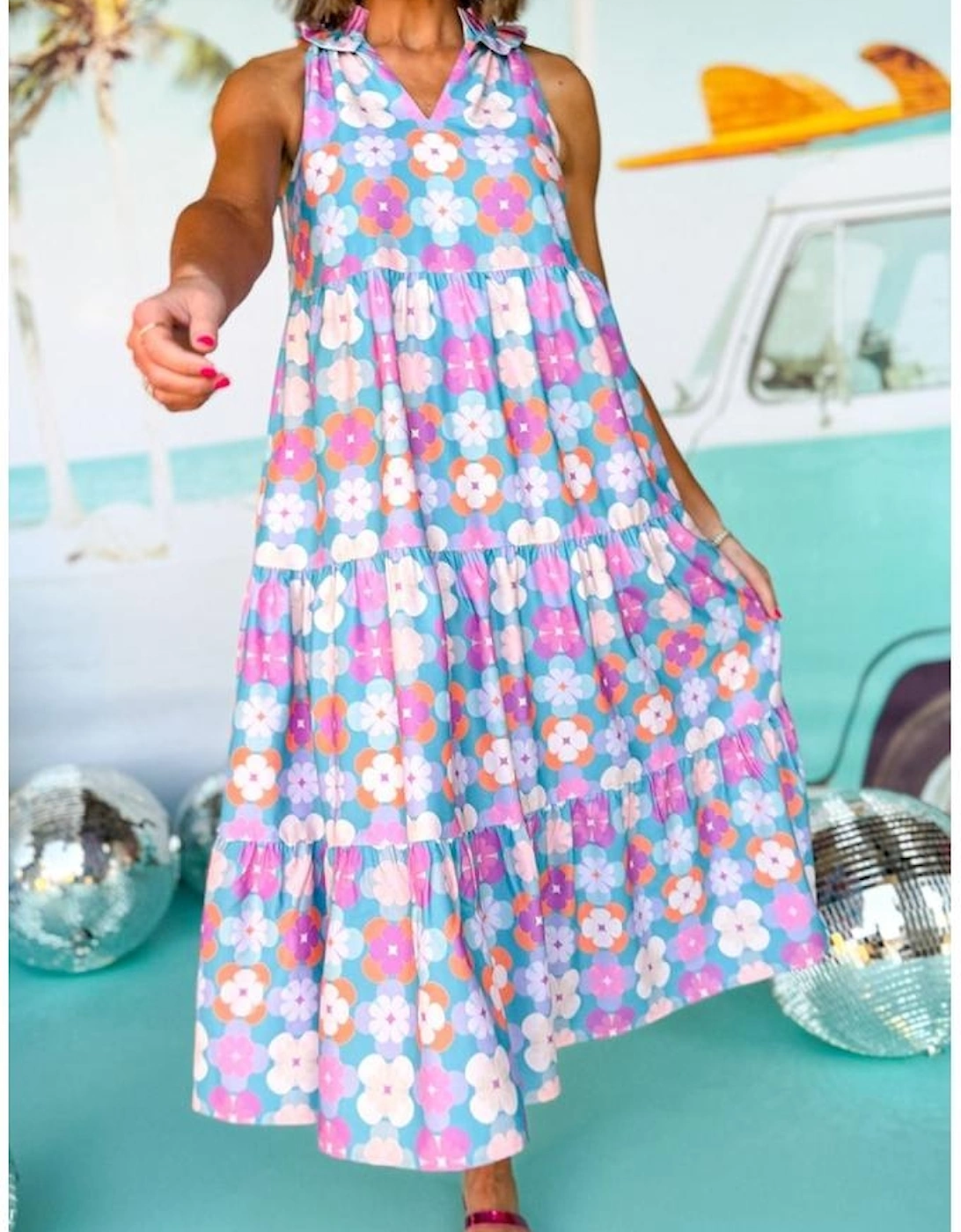 Sky Blue Floral Print Frilly Neck Sleeveless Tiered Maxi Dress