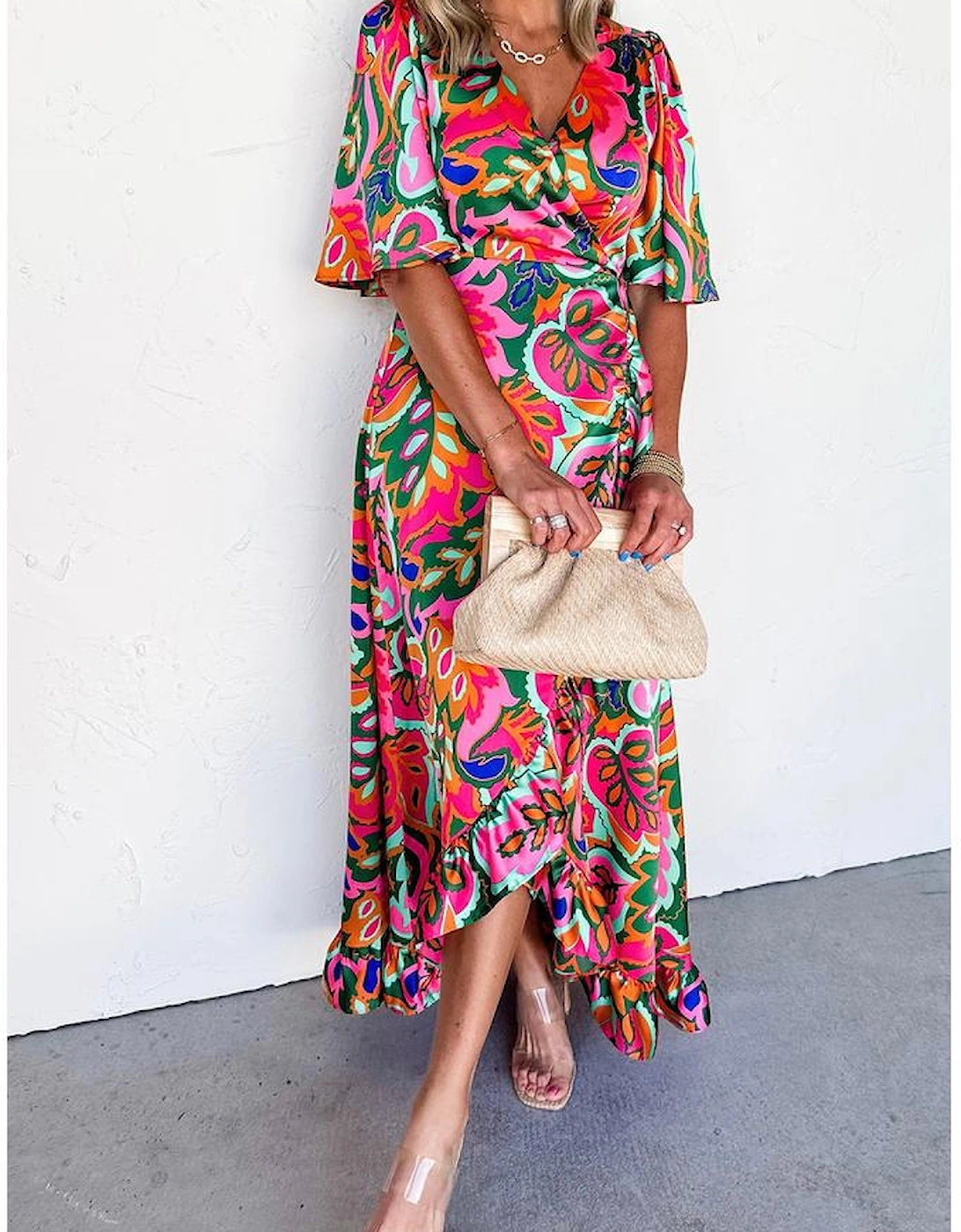 Rose Summer Plant Print Surpliced V Neck Ruffled Asymmetric Slit Wide Short Sleeve Maxi Dress