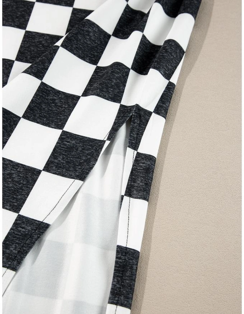 White Checkered Print Side Slit High Waist Midi Skirt