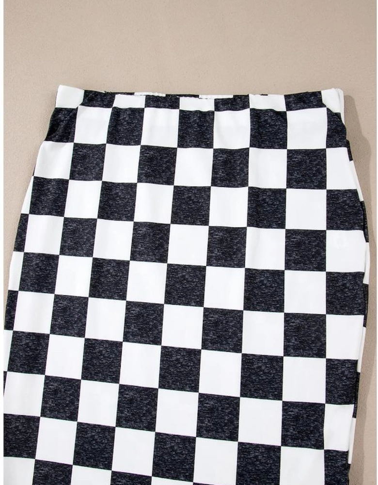 White Checkered Print Side Slit High Waist Midi Skirt