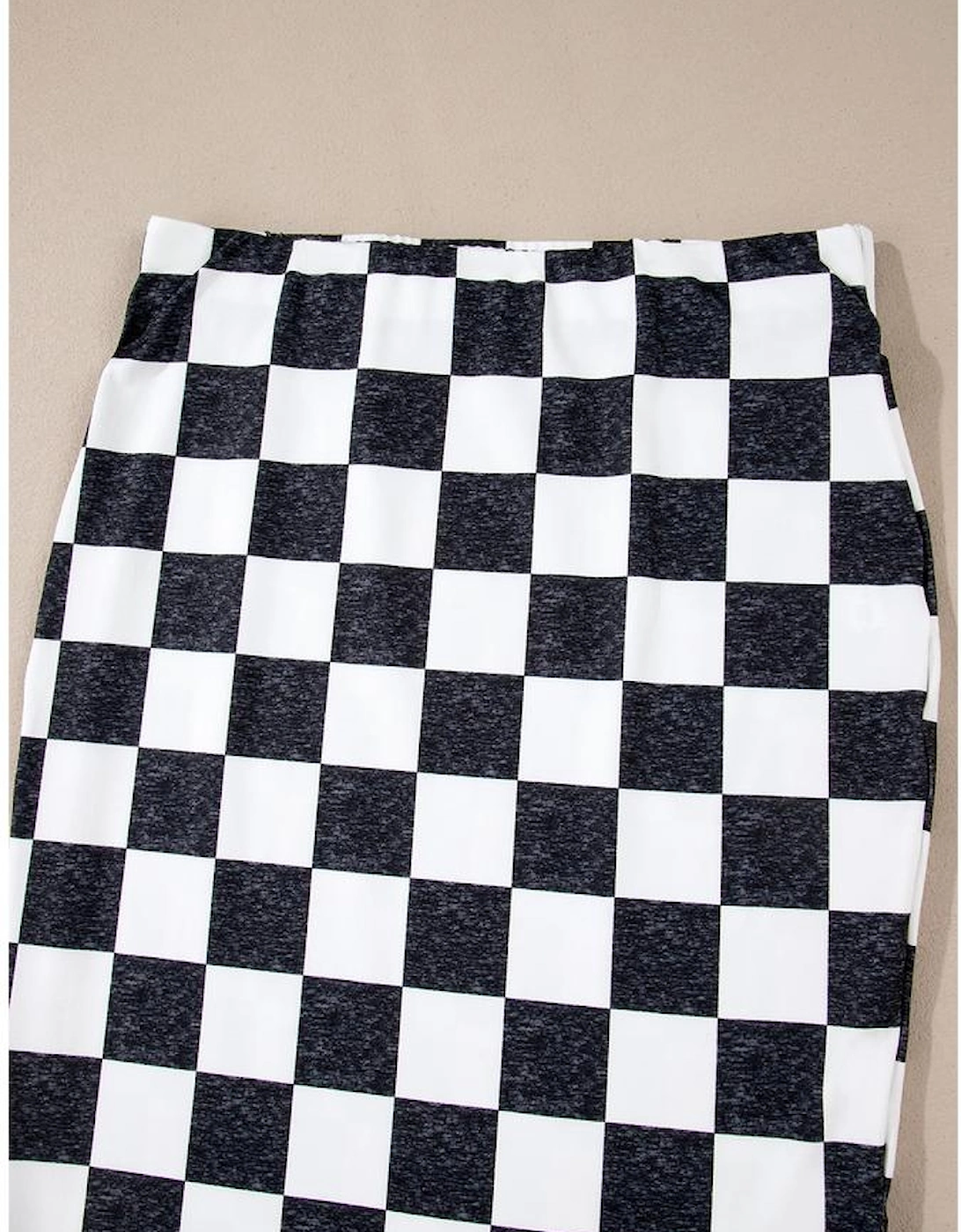 White Checkered Print Side Slit High Waist Midi Skirt