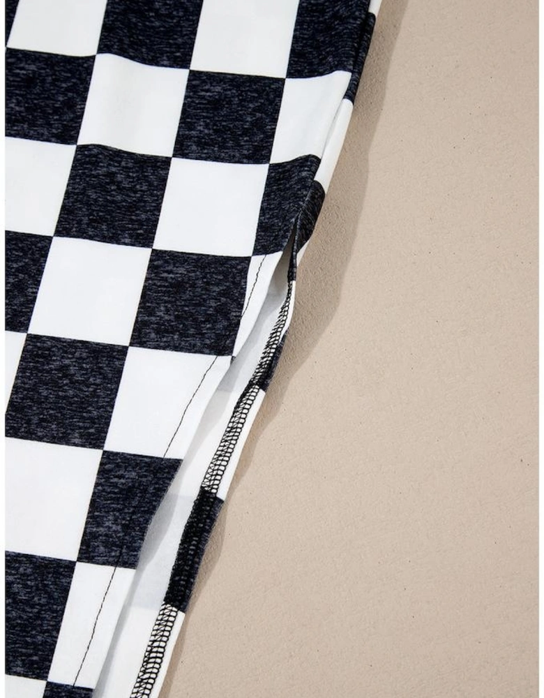 White Checkered Print Side Slit High Waist Midi Skirt