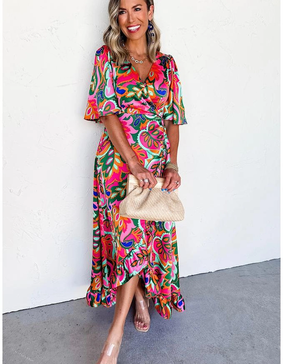 Rose Summer Plant Print Surpliced V Neck Ruffled Asymmetric Slit Wide Short Sleeve Maxi Dress