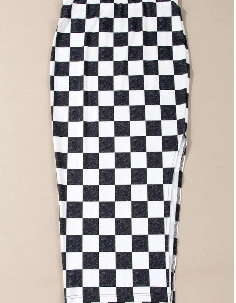 White Checkered Print Side Slit High Waist Midi Skirt