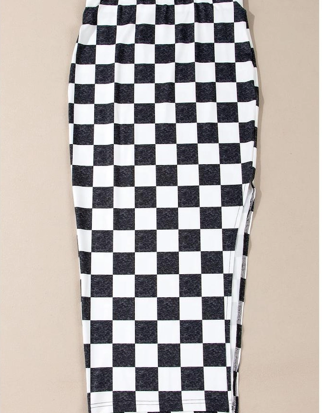 White Checkered Print Side Slit High Waist Midi Skirt