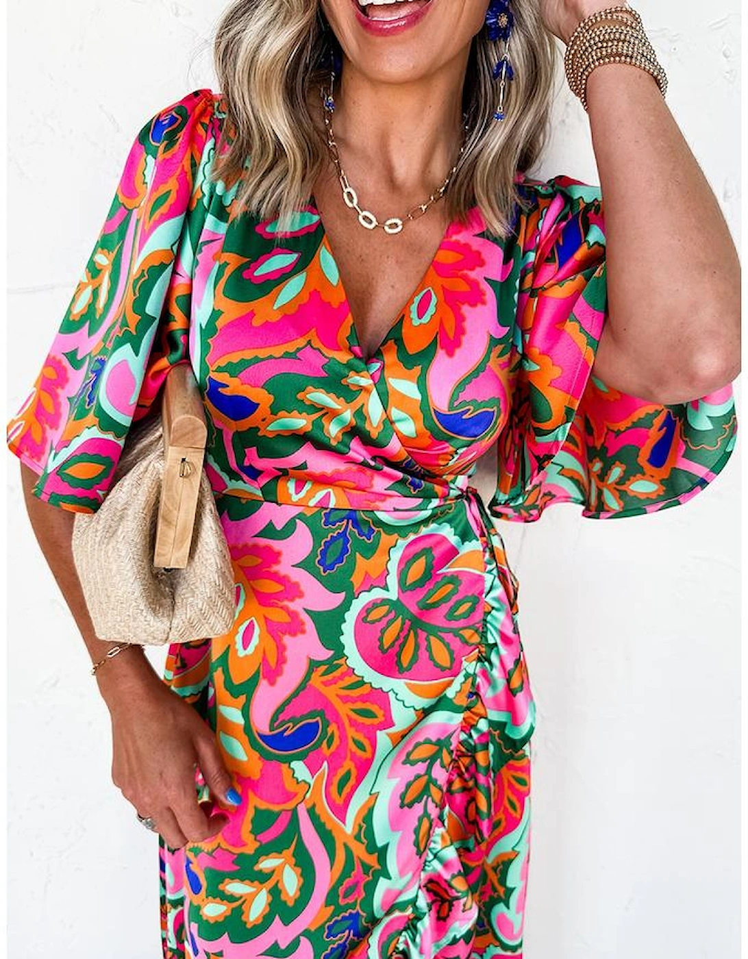 Rose Summer Plant Print Surpliced V Neck Ruffled Asymmetric Slit Wide Short Sleeve Maxi Dress