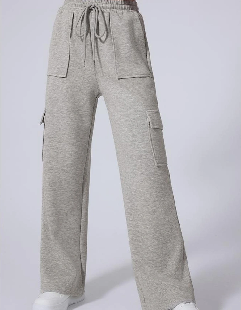 Light Grey Multi Pockets Lace-up High Waist Wide Leg Workout Pants