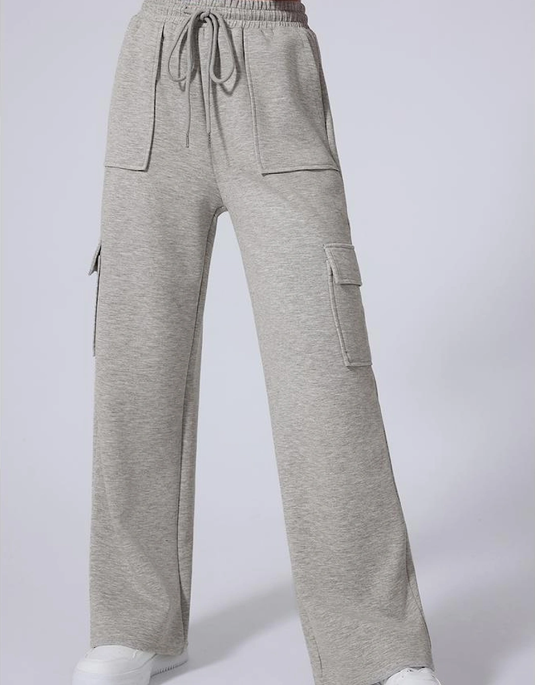 Light Grey Multi Pockets Lace-up High Waist Wide Leg Workout Pants