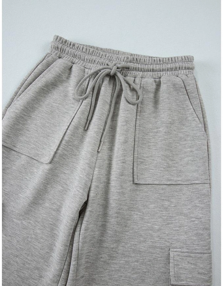 Light Grey Multi Pockets Lace-up High Waist Wide Leg Workout Pants