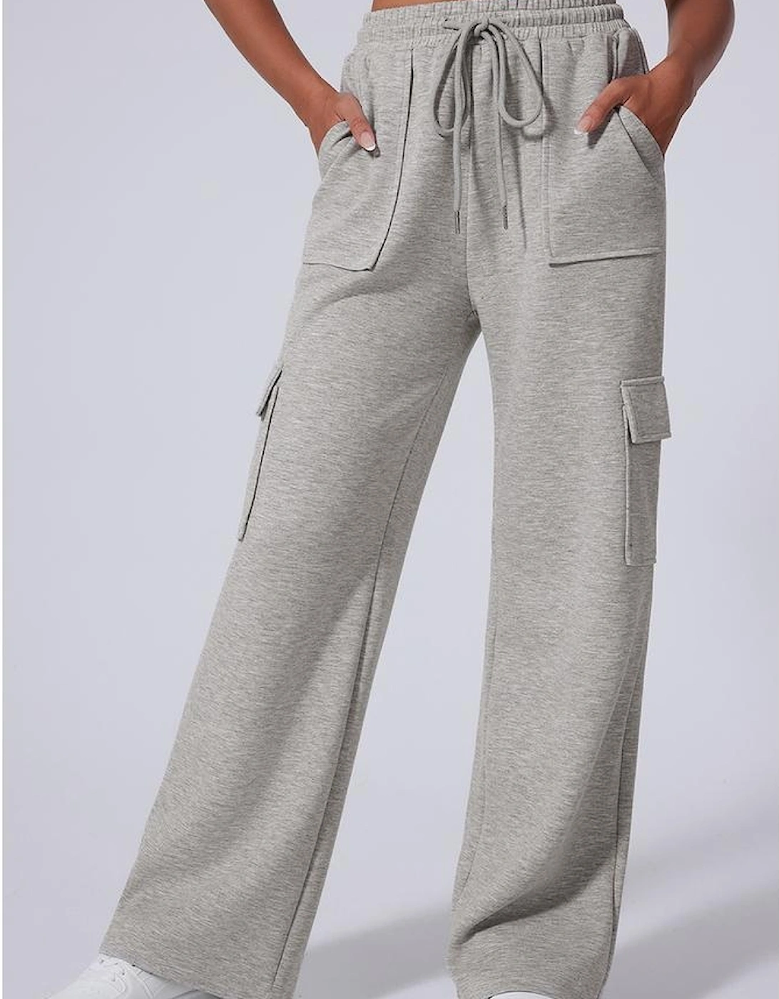 Light Grey Multi Pockets Lace-up High Waist Wide Leg Workout Pants