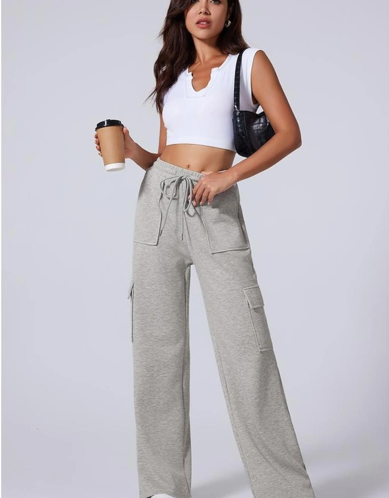 Light Grey Multi Pockets Lace-up High Waist Wide Leg Workout Pants