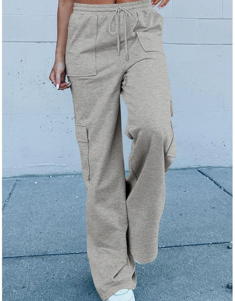 Light Grey Multi Pockets Lace-up High Waist Wide Leg Workout Pants