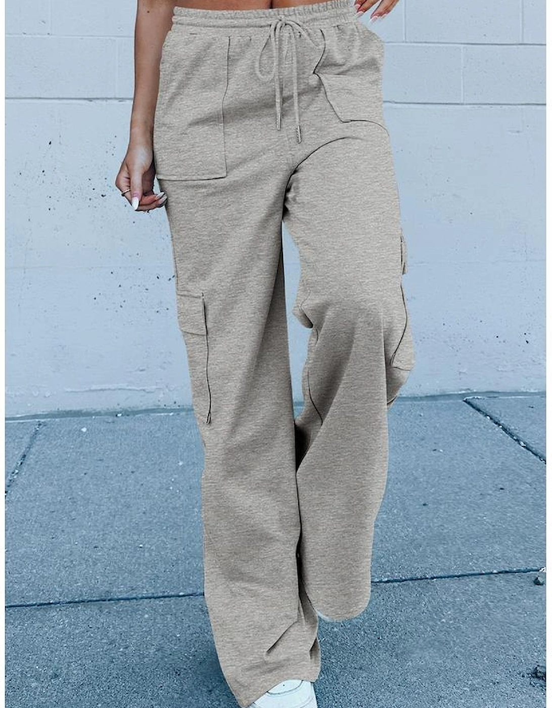 Light Grey Multi Pockets Lace-up High Waist Wide Leg Workout Pants