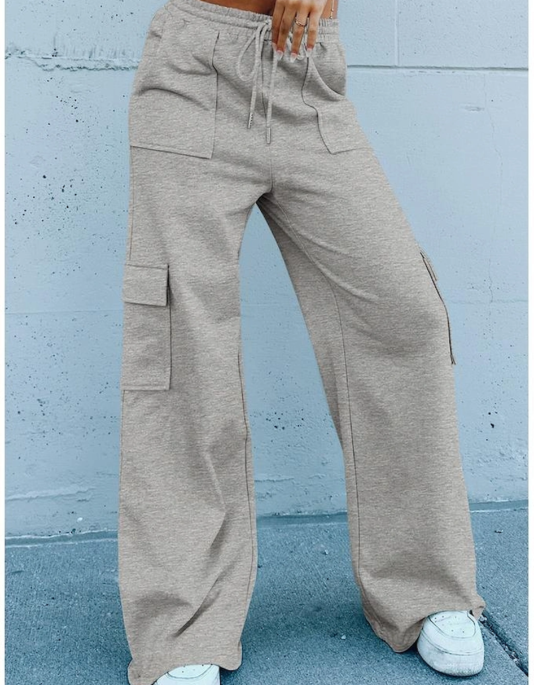 Light Grey Multi Pockets Lace-up High Waist Wide Leg Workout Pants
