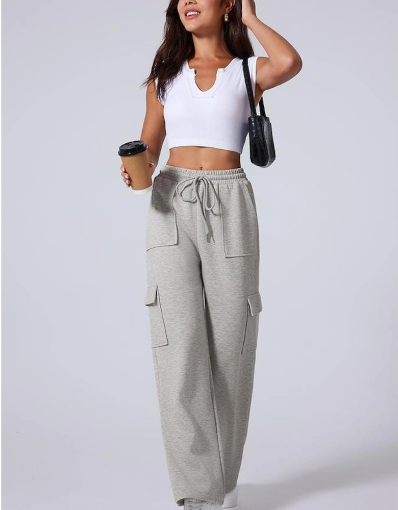 Light Grey Multi Pockets Lace-up High Waist Wide Leg Workout Pants