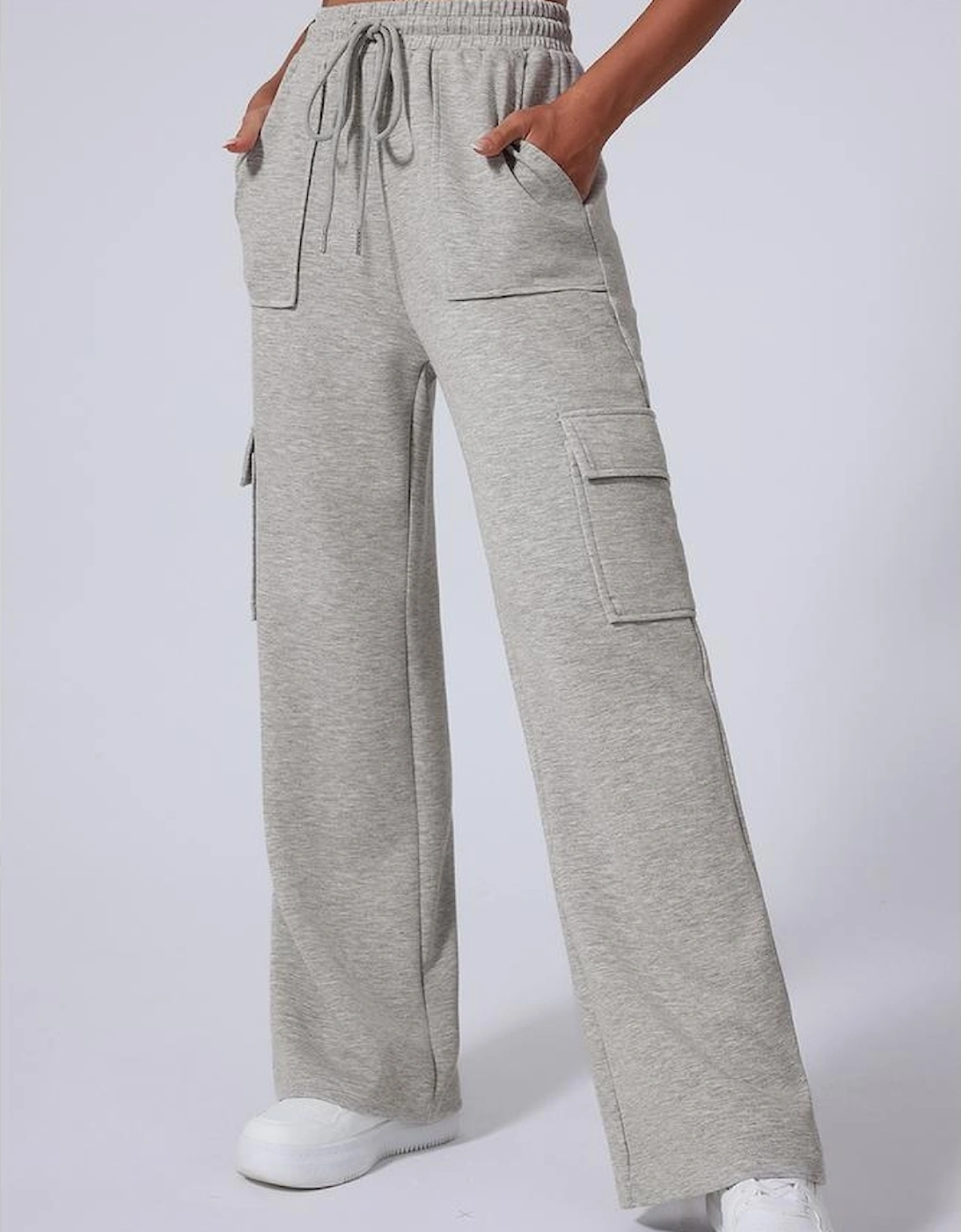 Light Grey Multi Pockets Lace-up High Waist Wide Leg Workout Pants