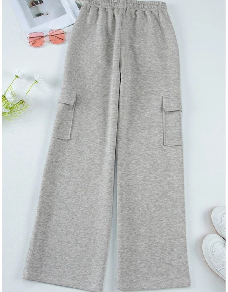 Light Grey Multi Pockets Lace-up High Waist Wide Leg Workout Pants