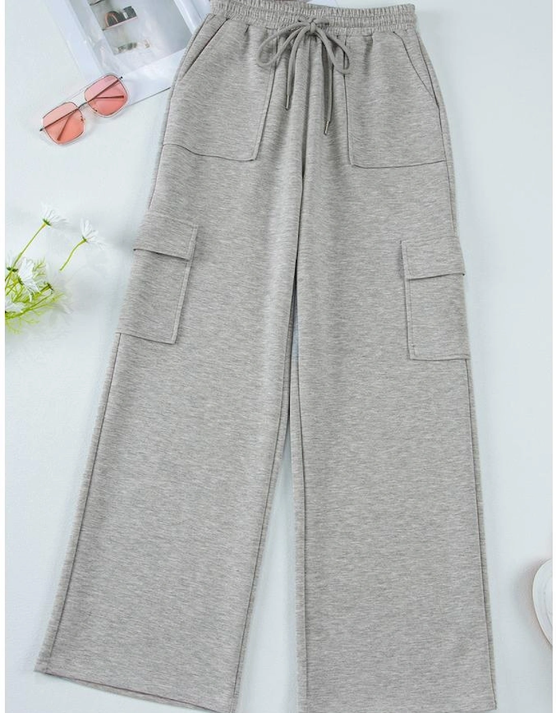 Light Grey Multi Pockets Lace-up High Waist Wide Leg Workout Pants