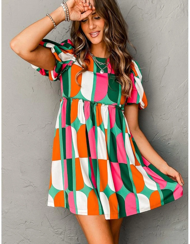 Green Abstract Print Puff Sleeve Short Dress