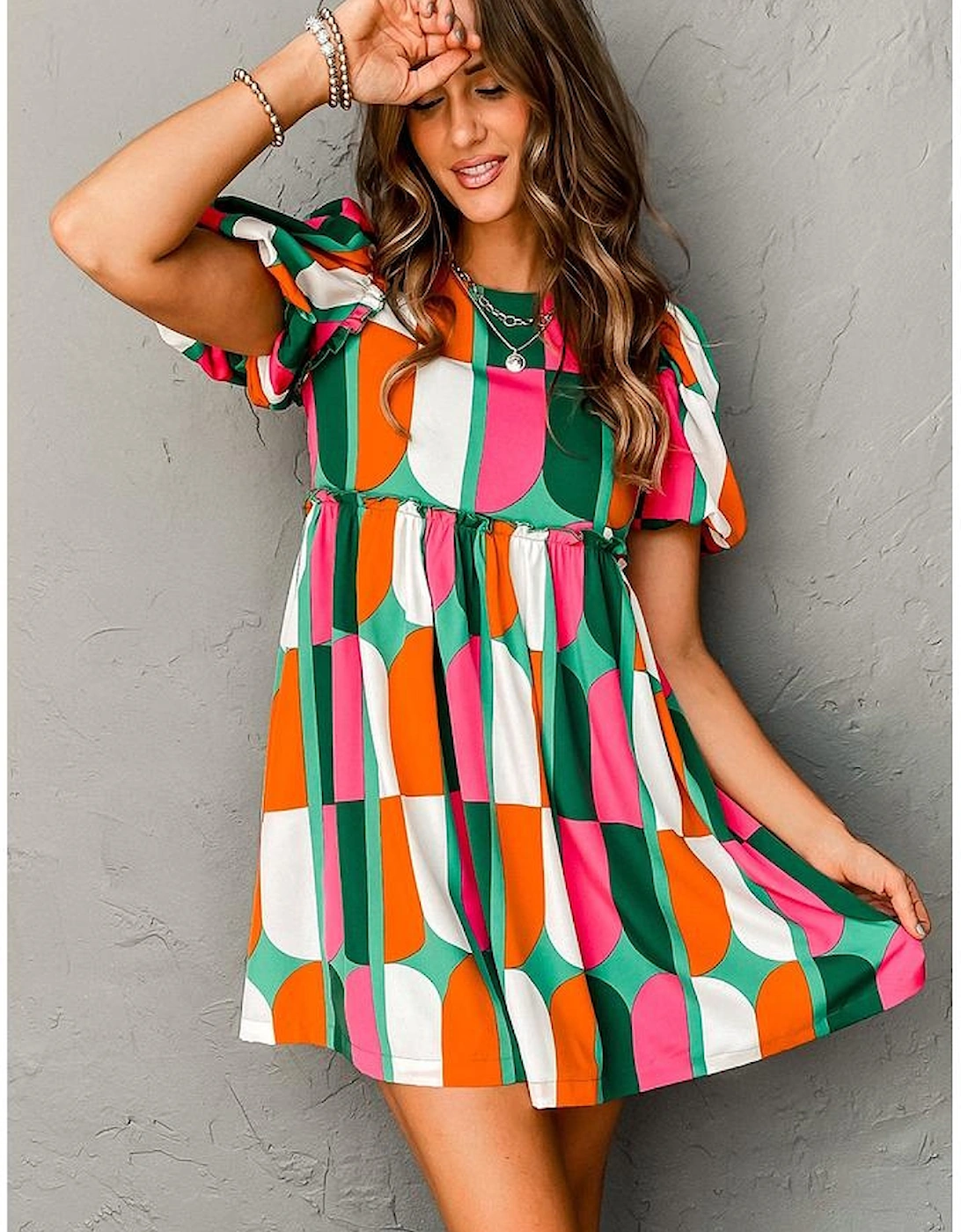 Green Abstract Print Puff Sleeve Short Dress, 8 of 7