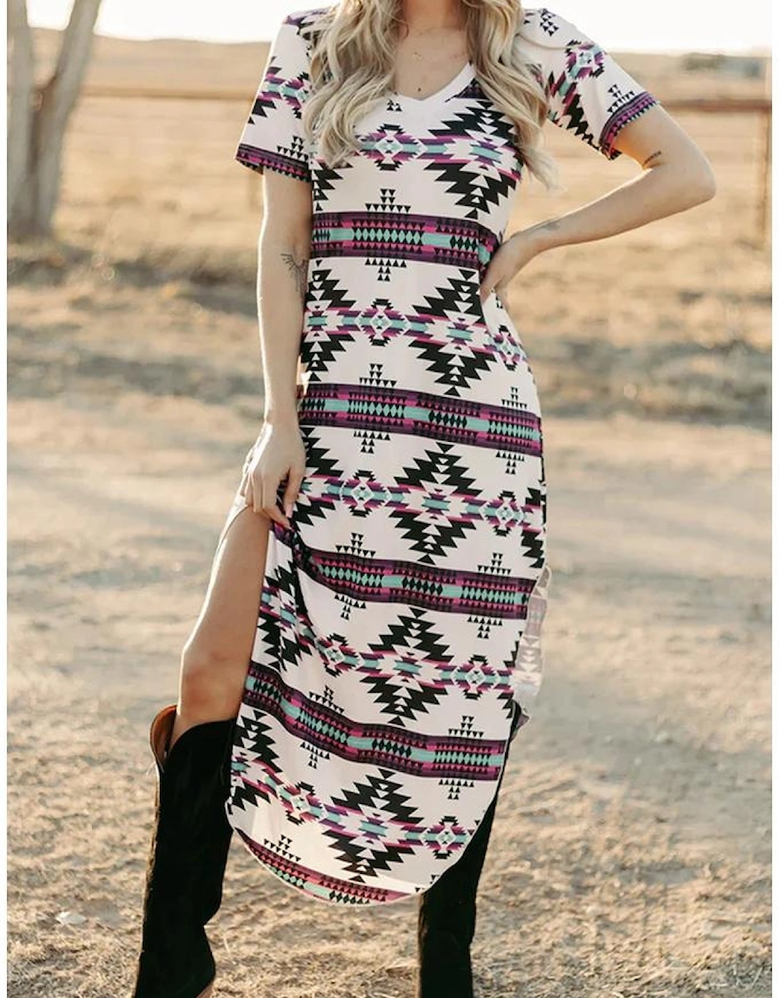 Beige Western Aztec Printed Long T-shirt Dress, 12 of 11