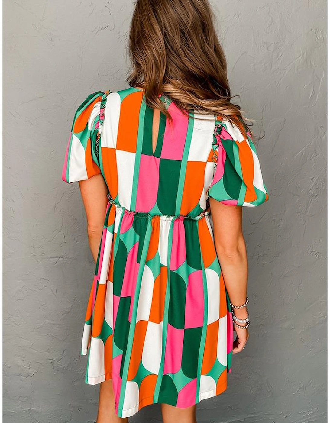 Green Abstract Print Puff Sleeve Short Dress