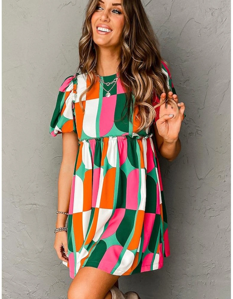 Green Abstract Print Puff Sleeve Short Dress