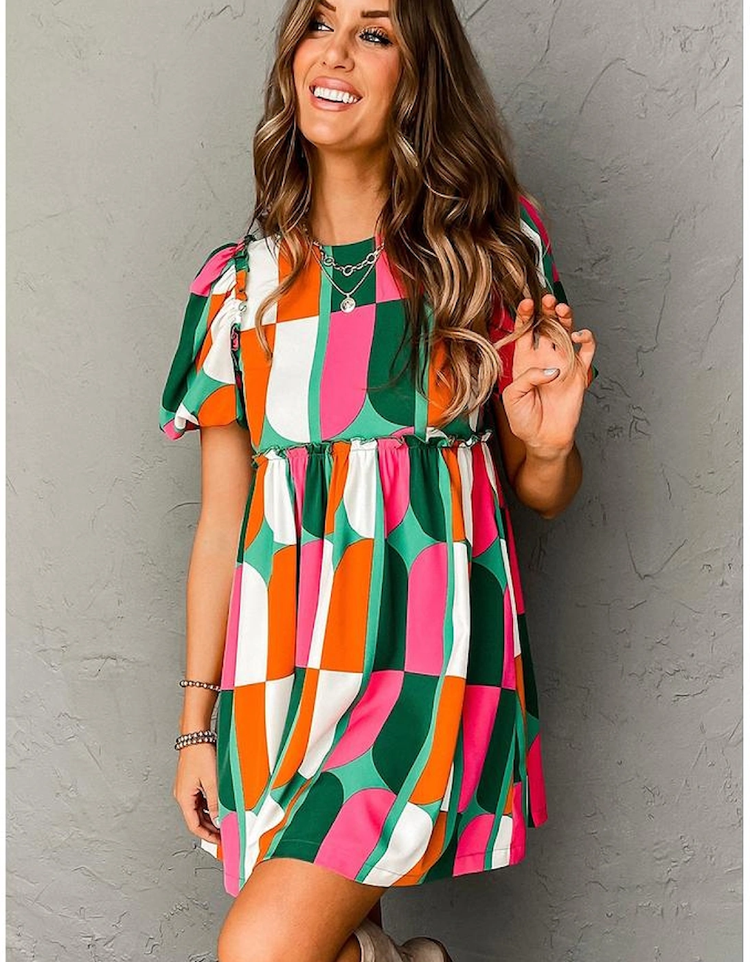 Green Abstract Print Puff Sleeve Short Dress