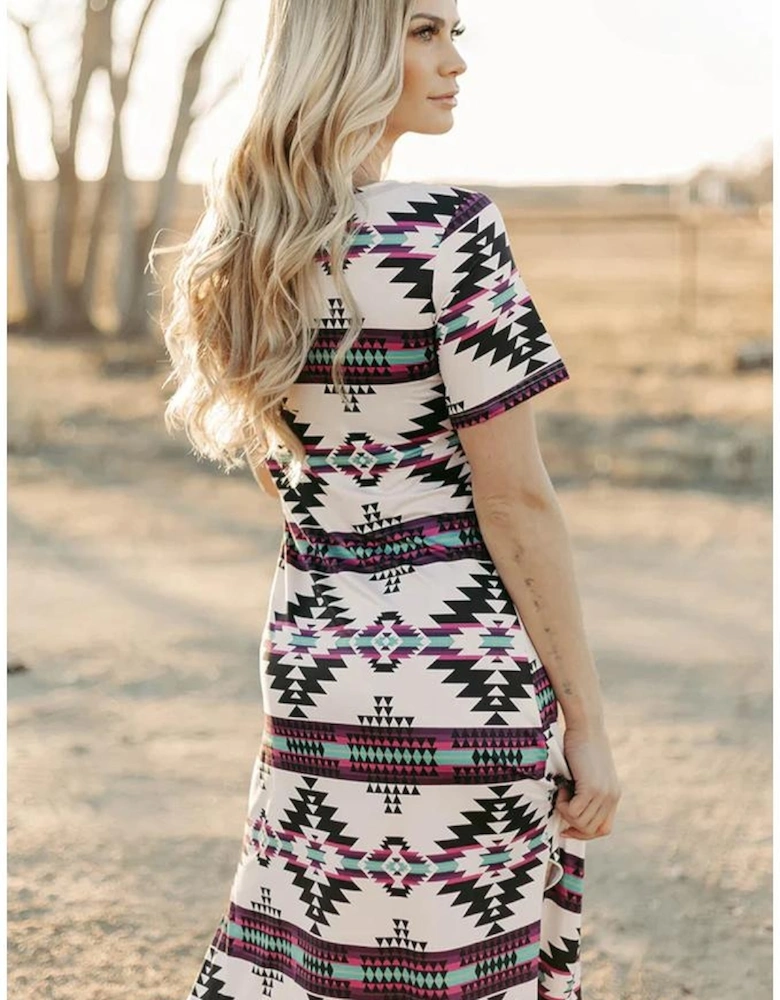 Beige Western Aztec Printed Long T-shirt Dress