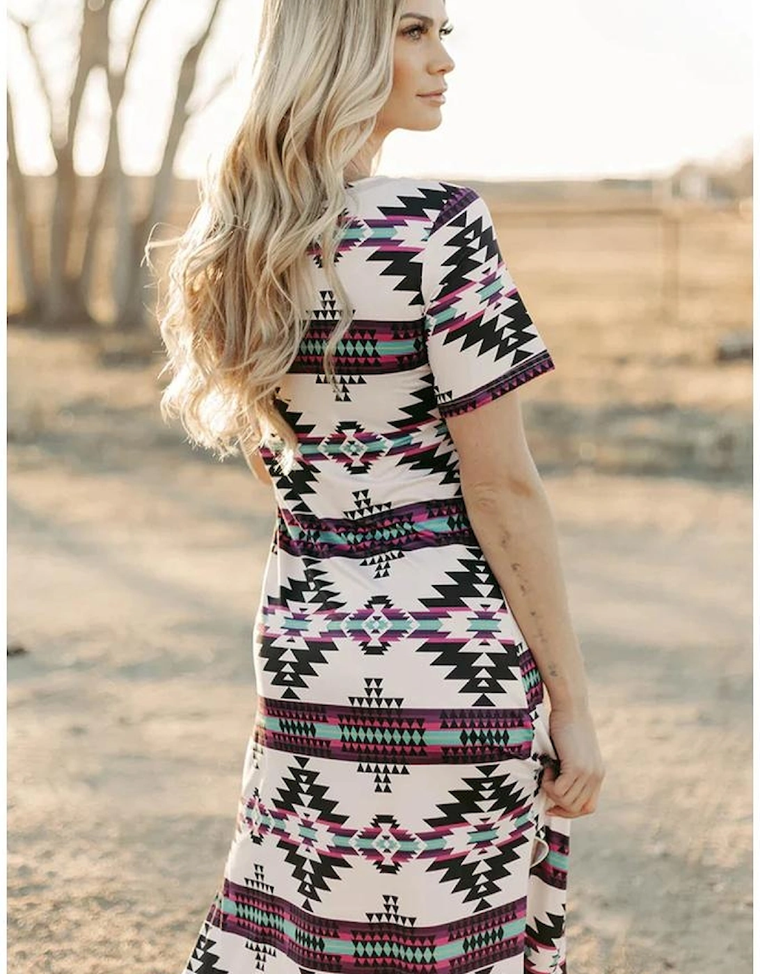 Beige Western Aztec Printed Long T-shirt Dress