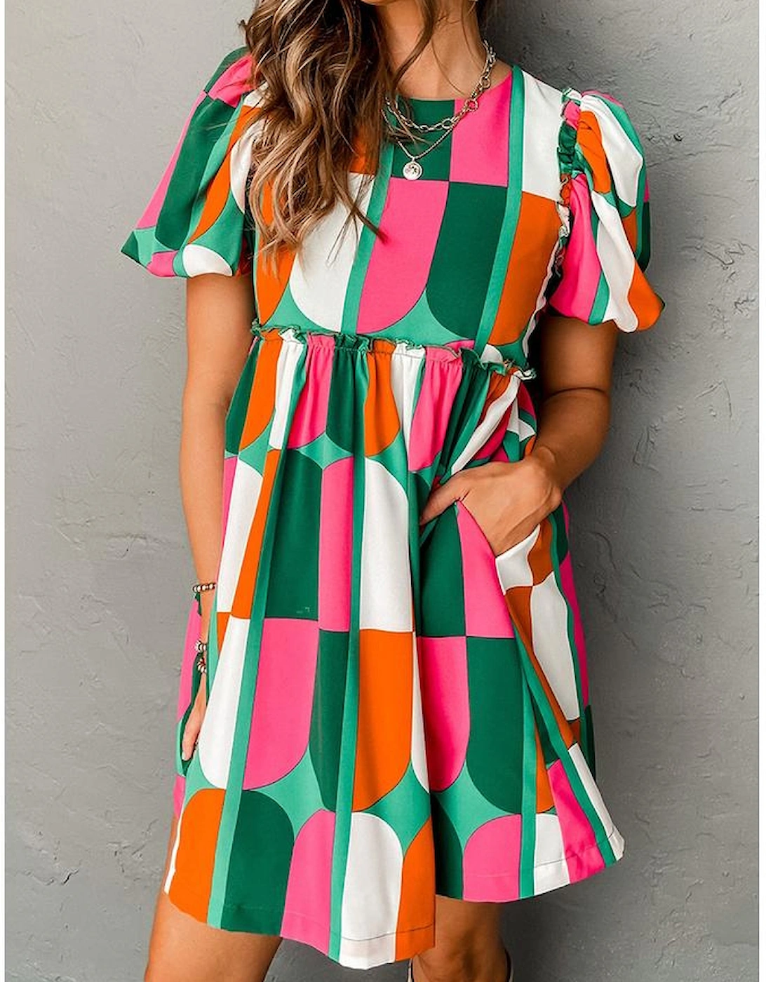 Green Abstract Print Puff Sleeve Short Dress