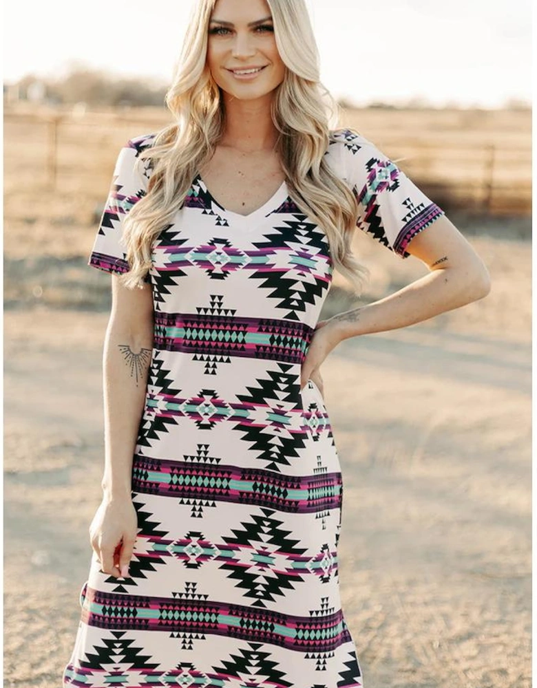 Beige Western Aztec Printed Long T-shirt Dress
