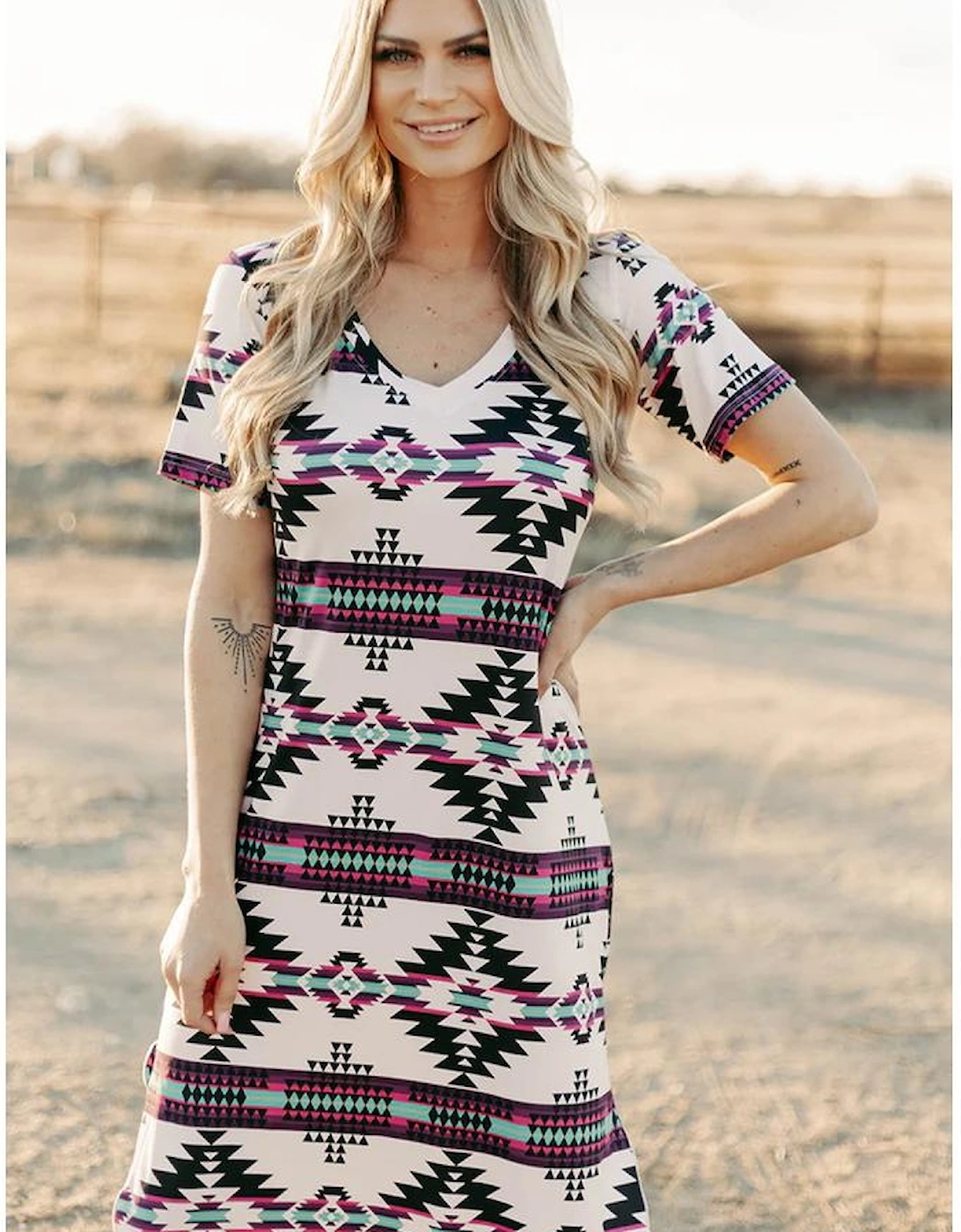 Beige Western Aztec Printed Long T-shirt Dress