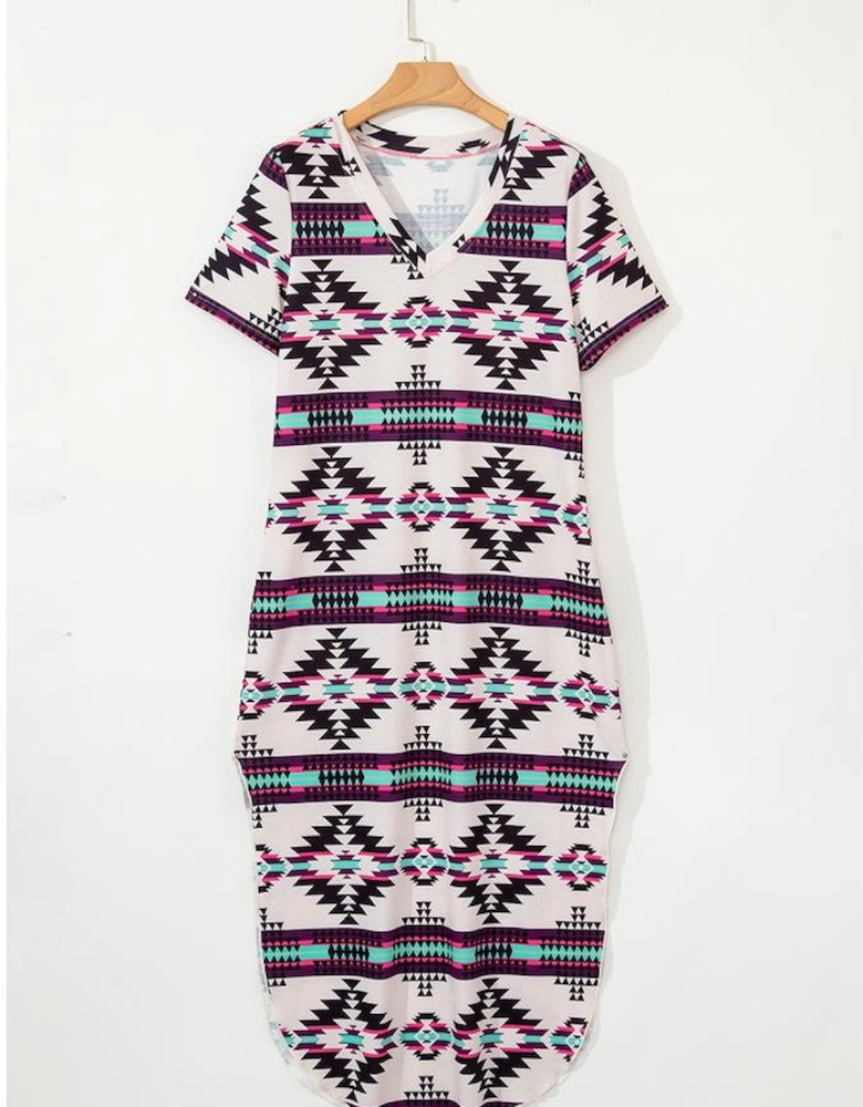 Beige Western Aztec Printed Long T-shirt Dress