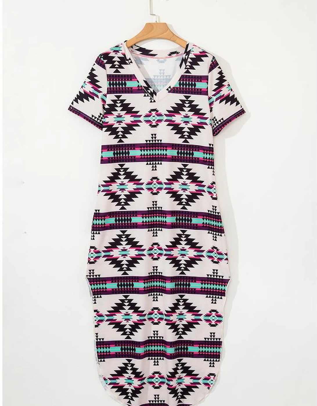 Beige Western Aztec Printed Long T-shirt Dress