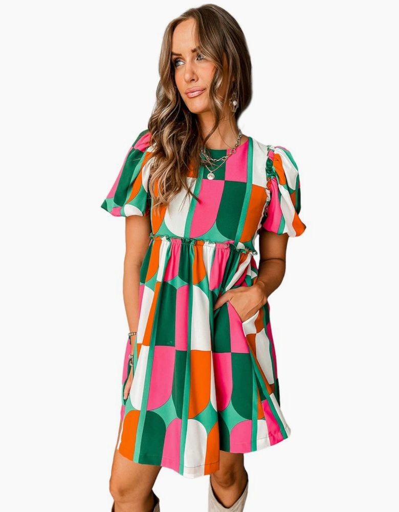Green Abstract Print Puff Sleeve Short Dress