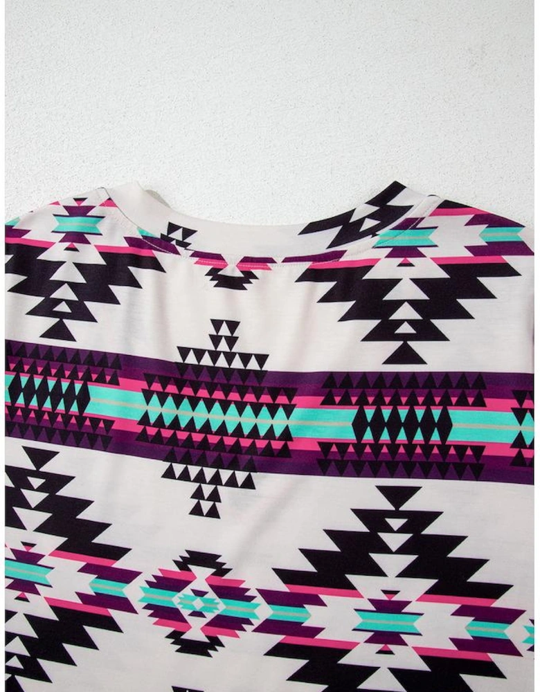 Beige Western Aztec Printed Long T-shirt Dress