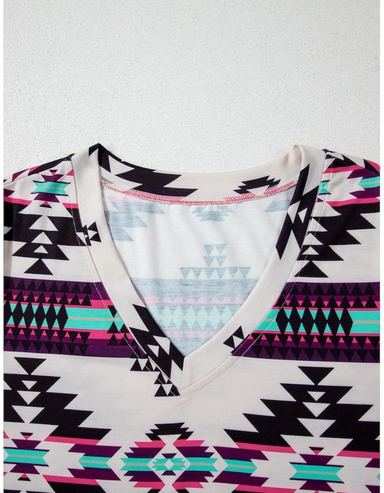 Beige Western Aztec Printed Long T-shirt Dress