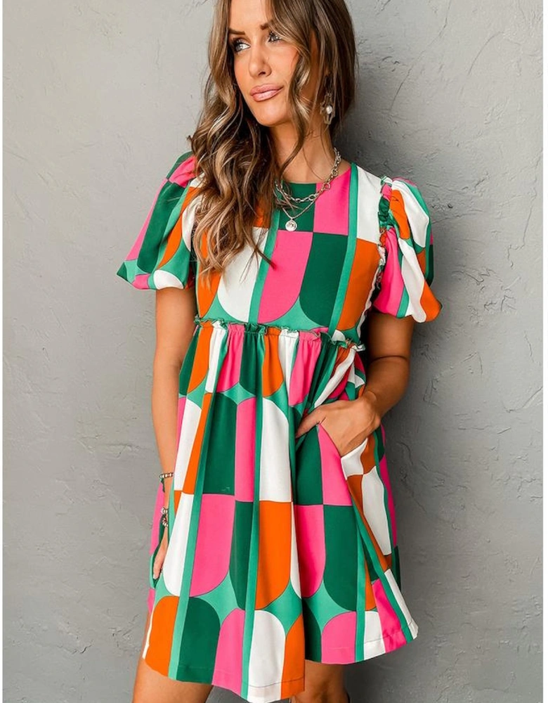 Green Abstract Print Puff Sleeve Short Dress