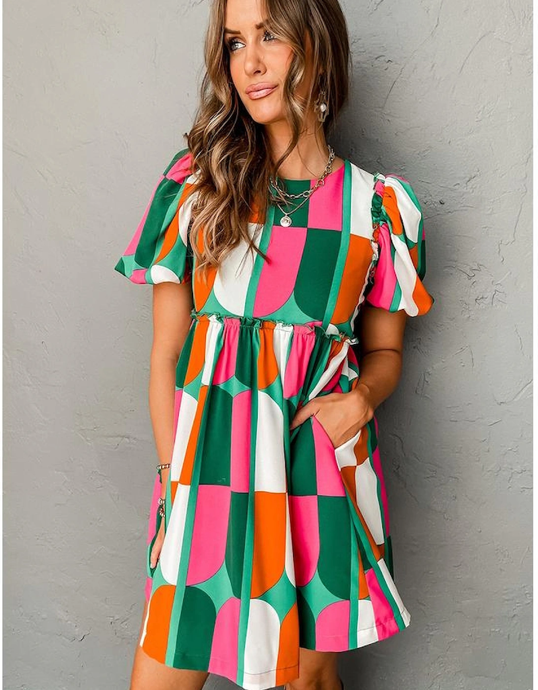 Green Abstract Print Puff Sleeve Short Dress