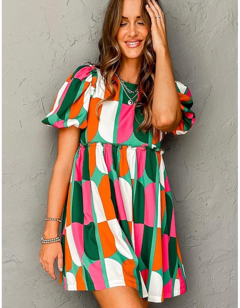 Green Abstract Print Puff Sleeve Short Dress