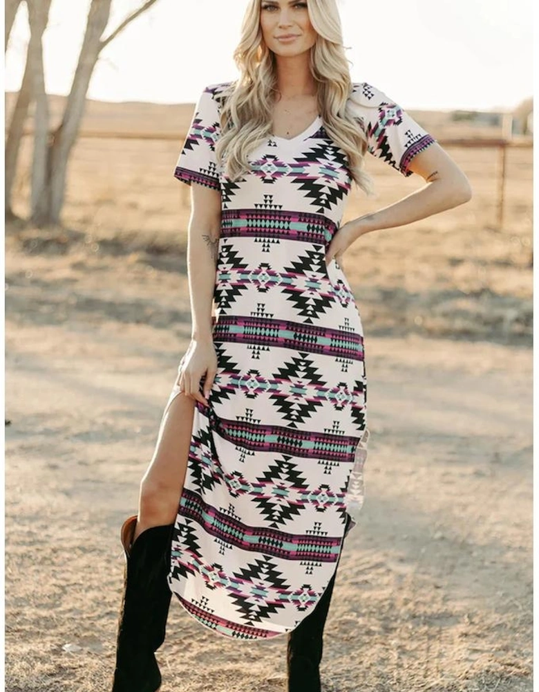 Beige Western Aztec Printed Long T-shirt Dress