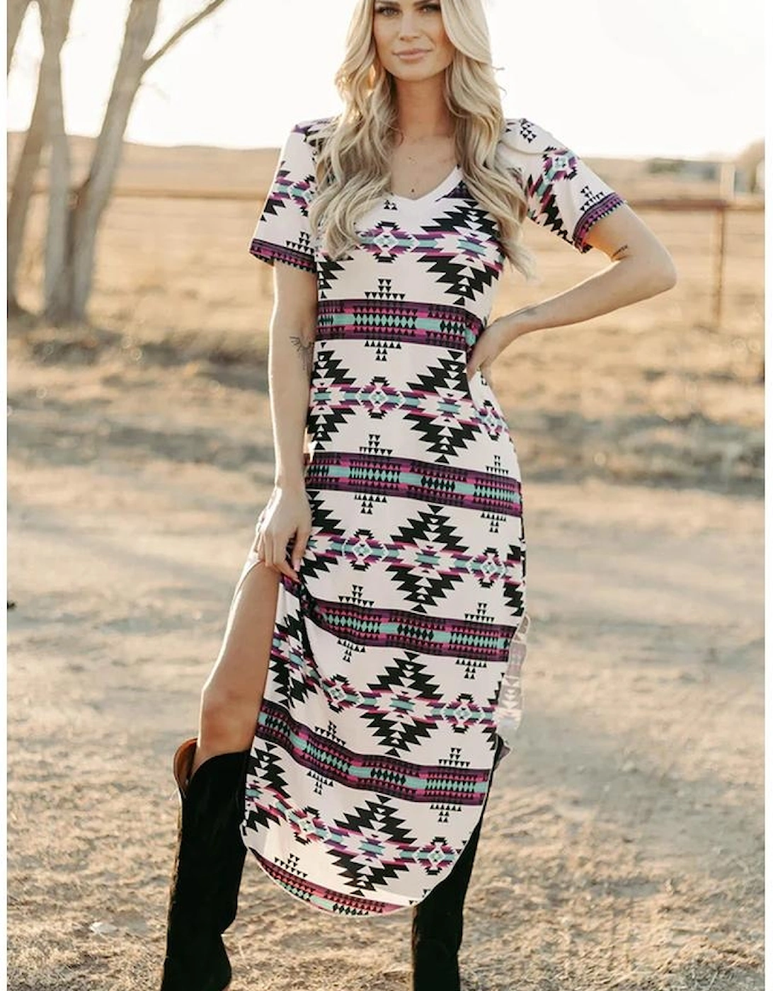 Beige Western Aztec Printed Long T-shirt Dress