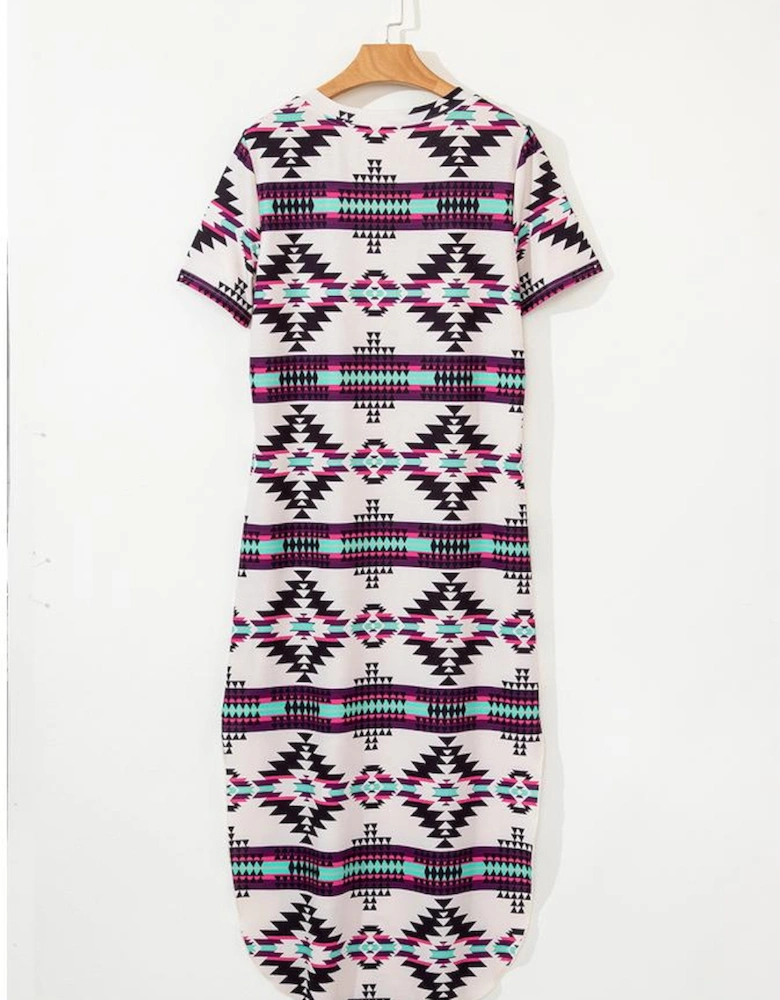 Beige Western Aztec Printed Long T-shirt Dress