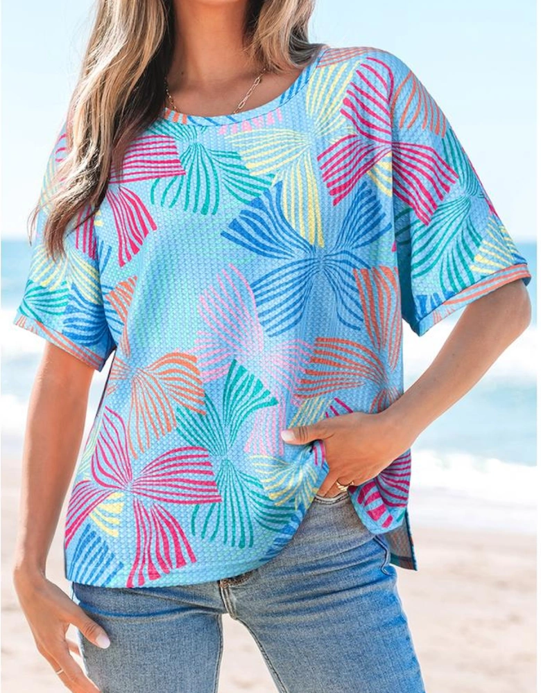 Sky Blue Bowknot Printed Waffle Crewneck Loose Short Sleeve Top