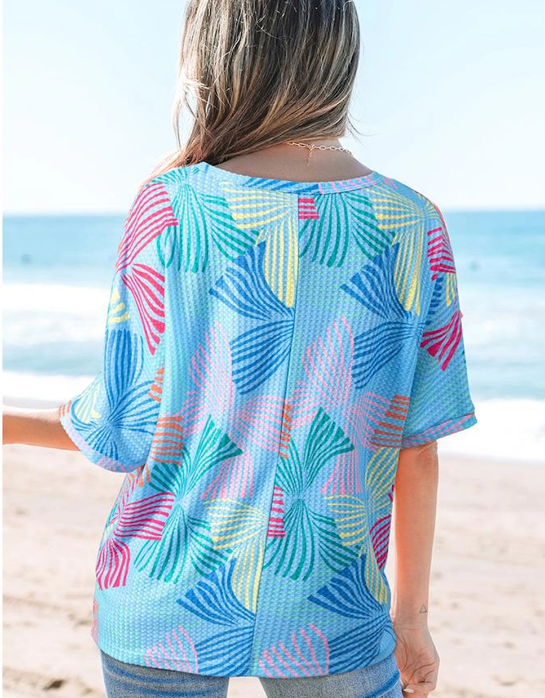 Sky Blue Bowknot Printed Waffle Crewneck Loose Short Sleeve Top, 3 of 2