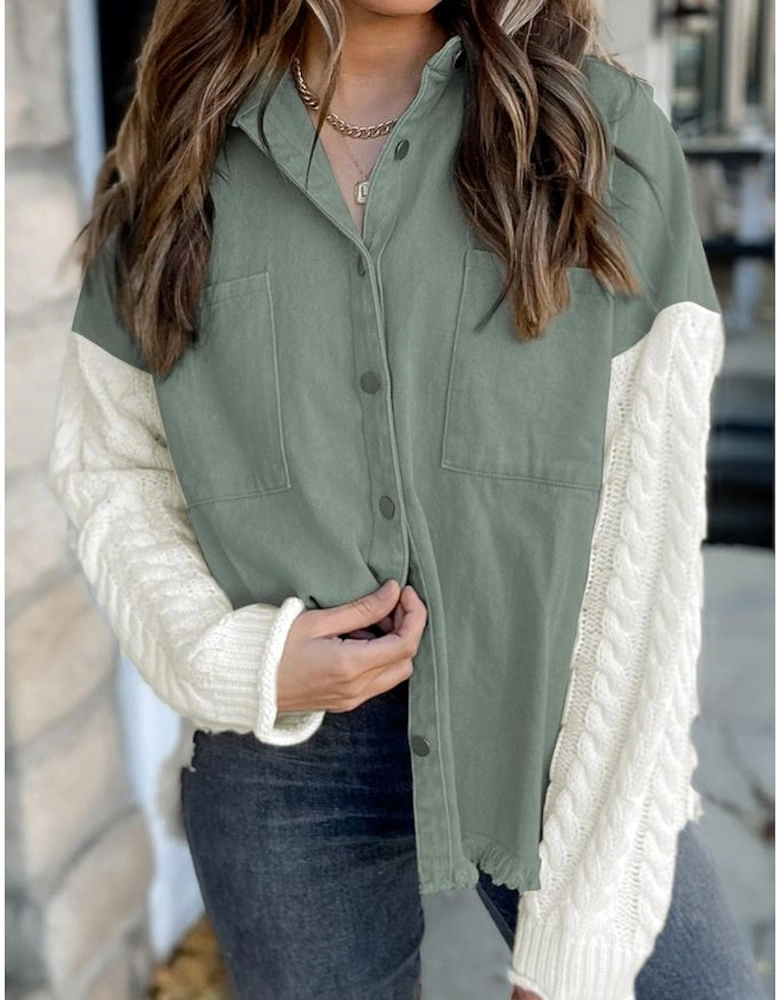 Green Cable Knit Sleeve Raw Hem Shacket