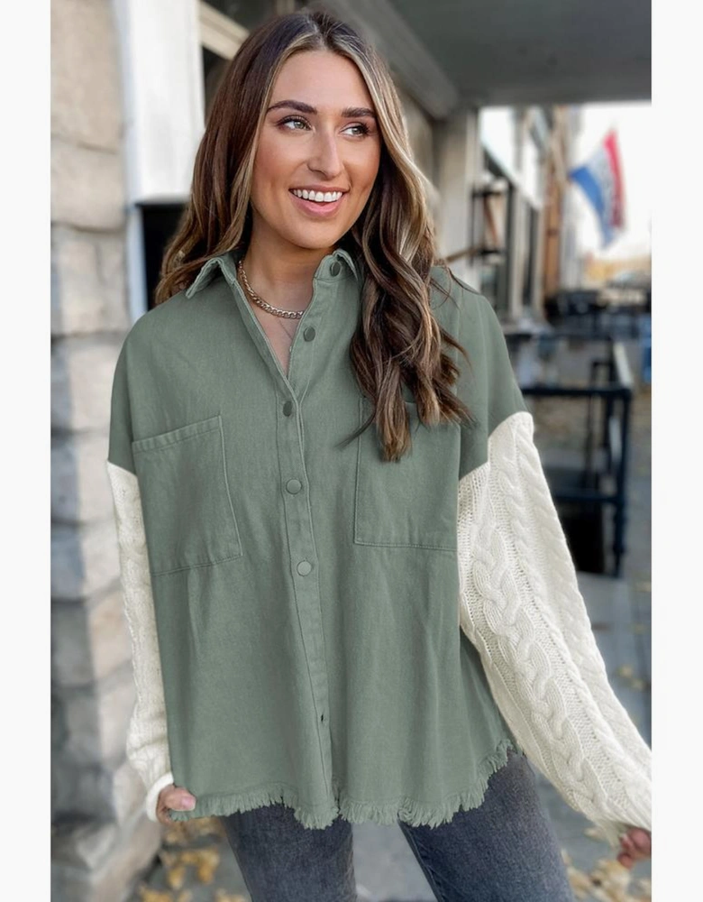 Green Cable Knit Sleeve Raw Hem Shacket